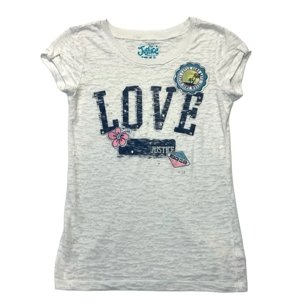Justice Love Graphic T-shirt Girl’s Size 8 white burnout tee Y2K 90s